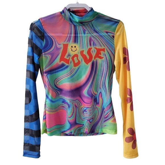 SHEIN Mesh Y2K Love Smiley face Psychedelic Mock Neck Colorblock Graphic Top S - Picture 2 of 11